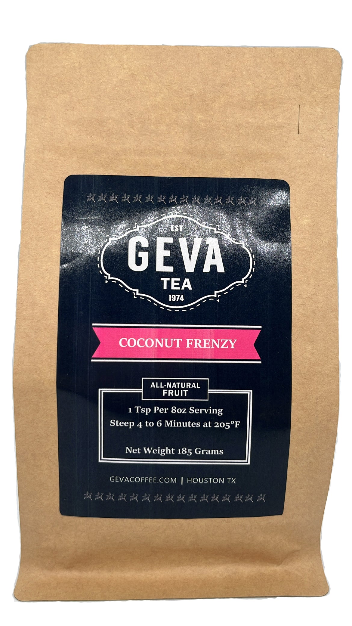 A sealed brown paper-material bag of Coconut Frenzy Tea