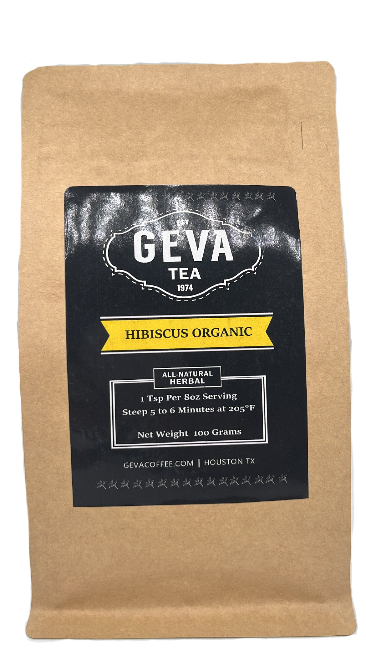 A sealed brown paper-material bag of Hibiscus Organic Tea