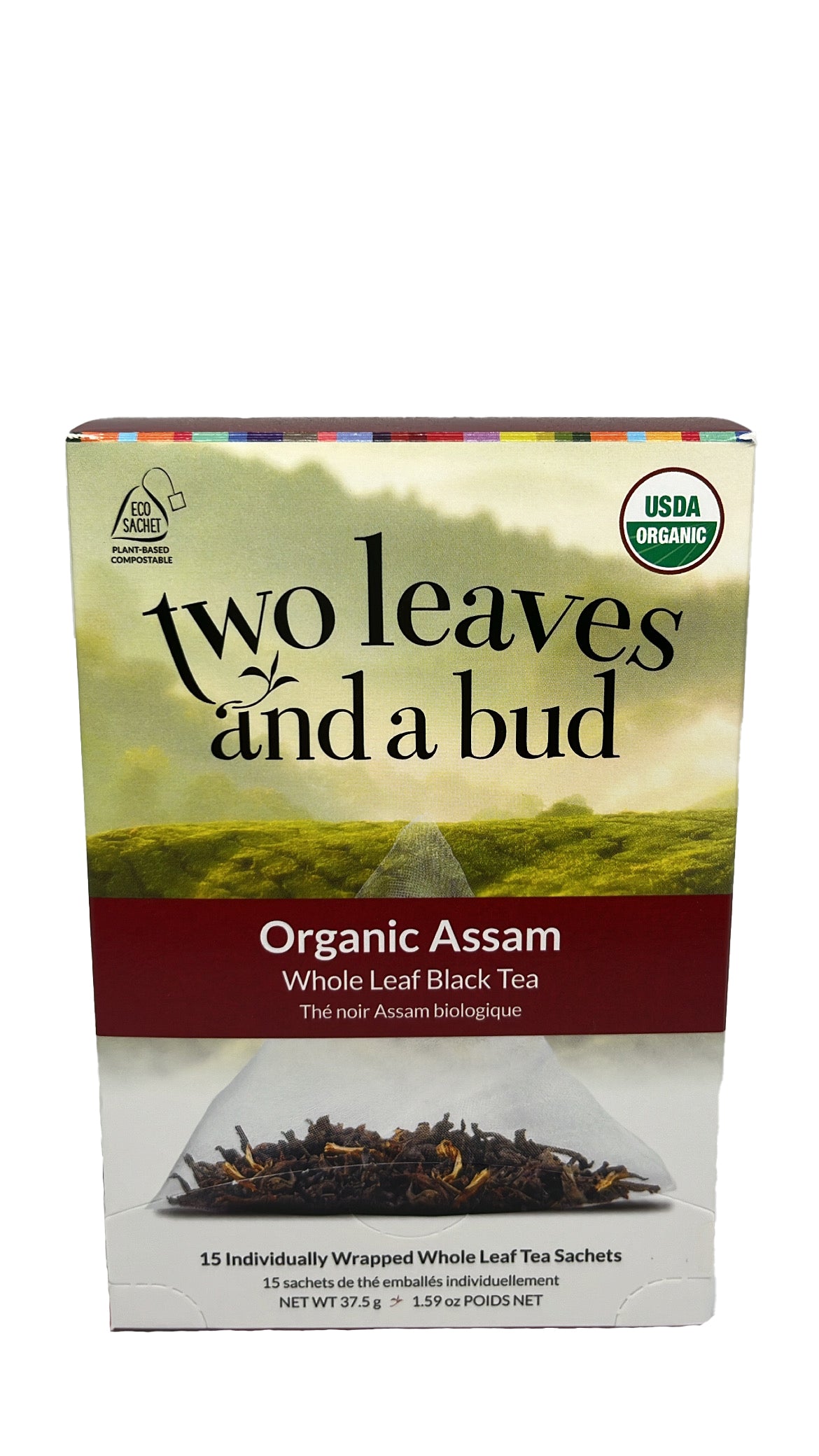 A box of individually wrapped whole leaf tea sachets of Organic Assam Tea