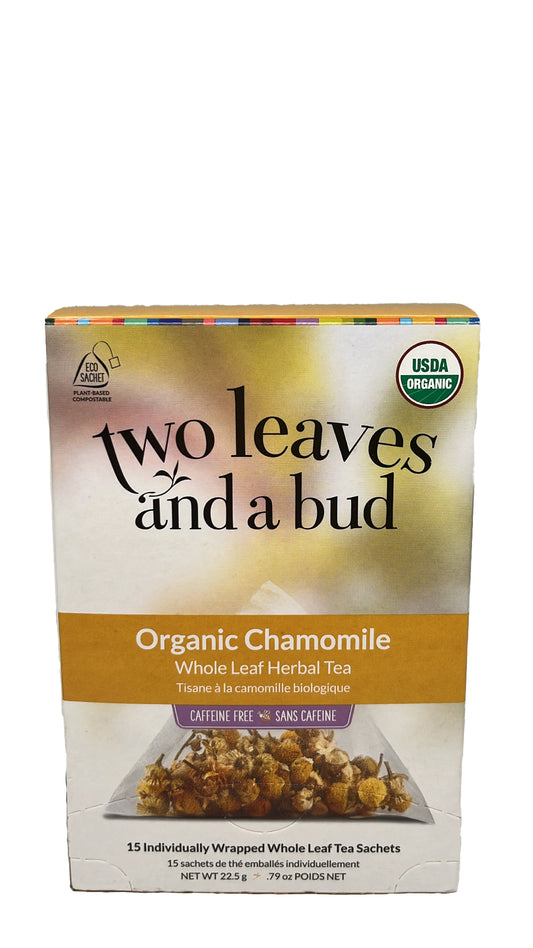 A box of individually wrapped whole leaf tea sachets of Organic Chamomile Tea