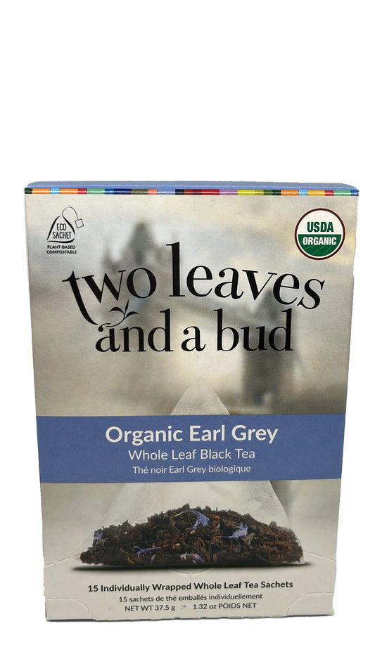 A box of individually wrapped whole leaf tea sachets of Organic Earl Grey Tea