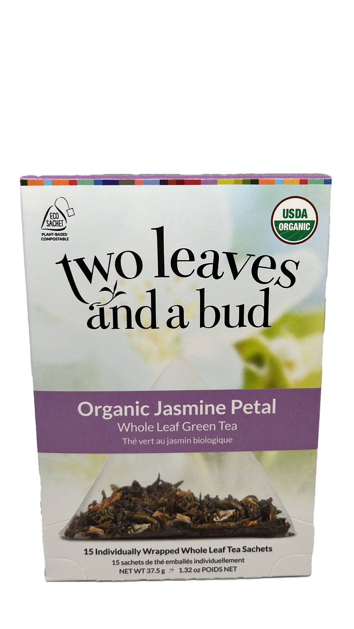 A box of individually wrapped whole leaf tea sachets of Organic Jasmine Petal Tea